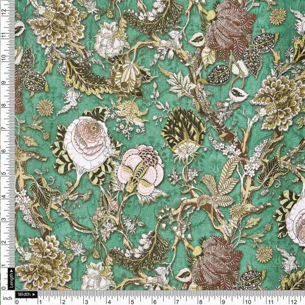 Emerald Green Floral Printed Polyester Fabric - Image 4