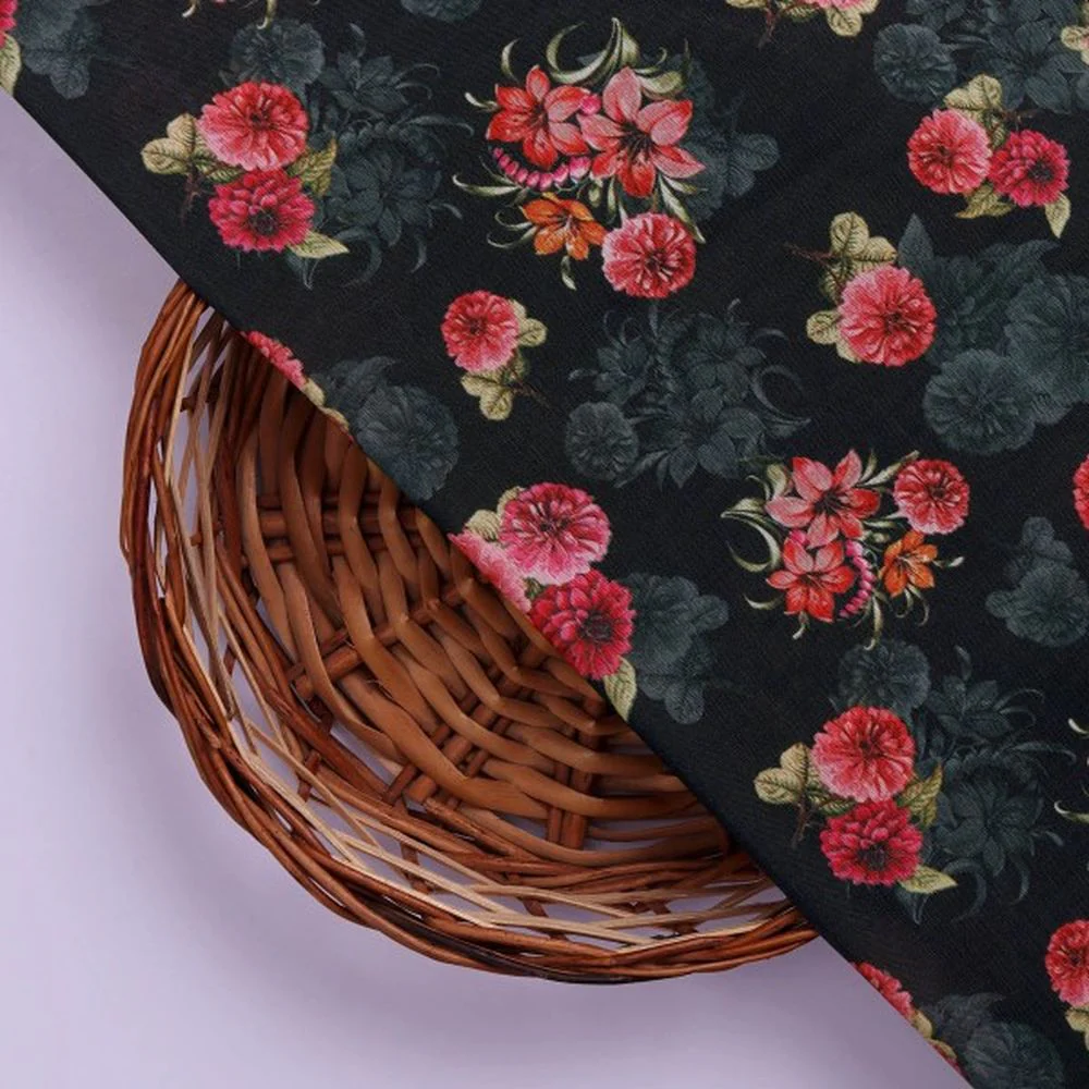 Enchanting Red Floral Bunch on Black Muslin Fabric - Image 2