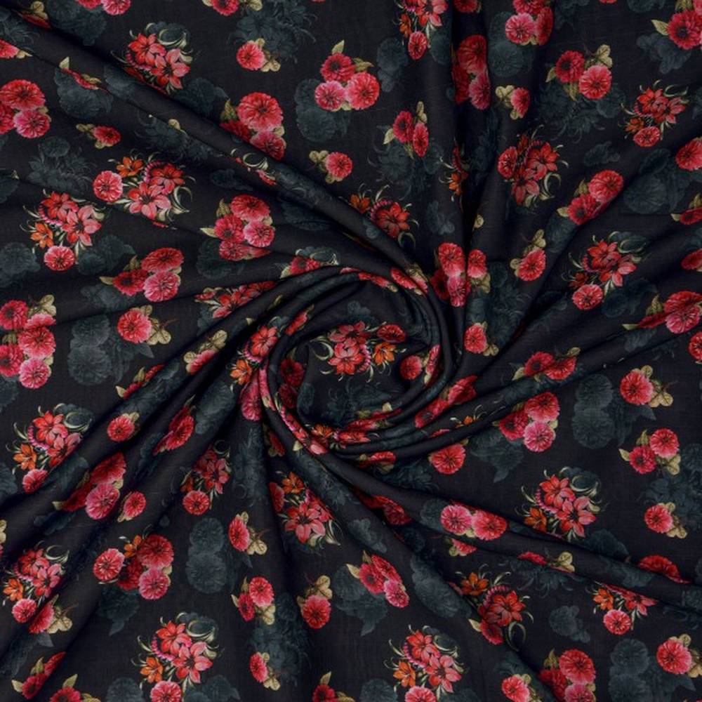 Enchanting Red Floral Bunch on Black Muslin Fabric - Image 3