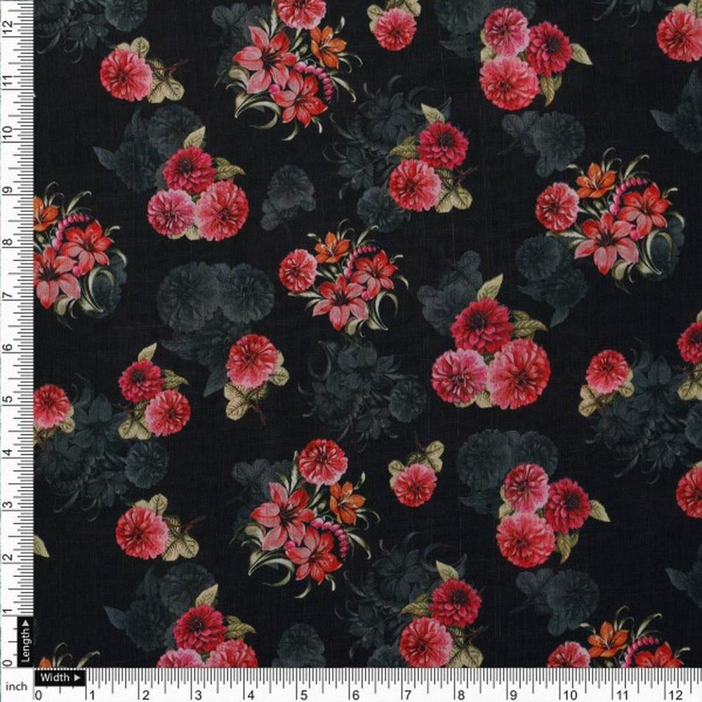 Enchanting Red Floral Bunch on Black Muslin Fabric - Image 4