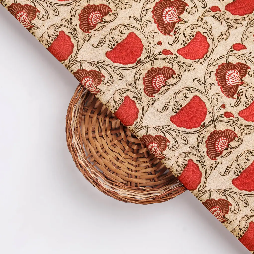 Ethnic Floral Red Cream Polyester Fabric for Outfits - Image 3