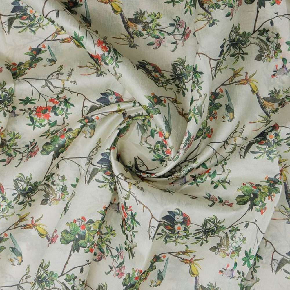 Exotic Birds & Botanical Garden Tusser Silk Fabric - Image 2