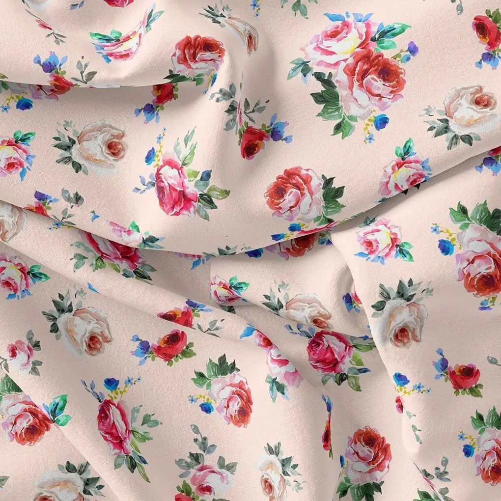 Exotic Blooms Water Color Cream Rose Digital Printed Fabric - Rayon - Image 3