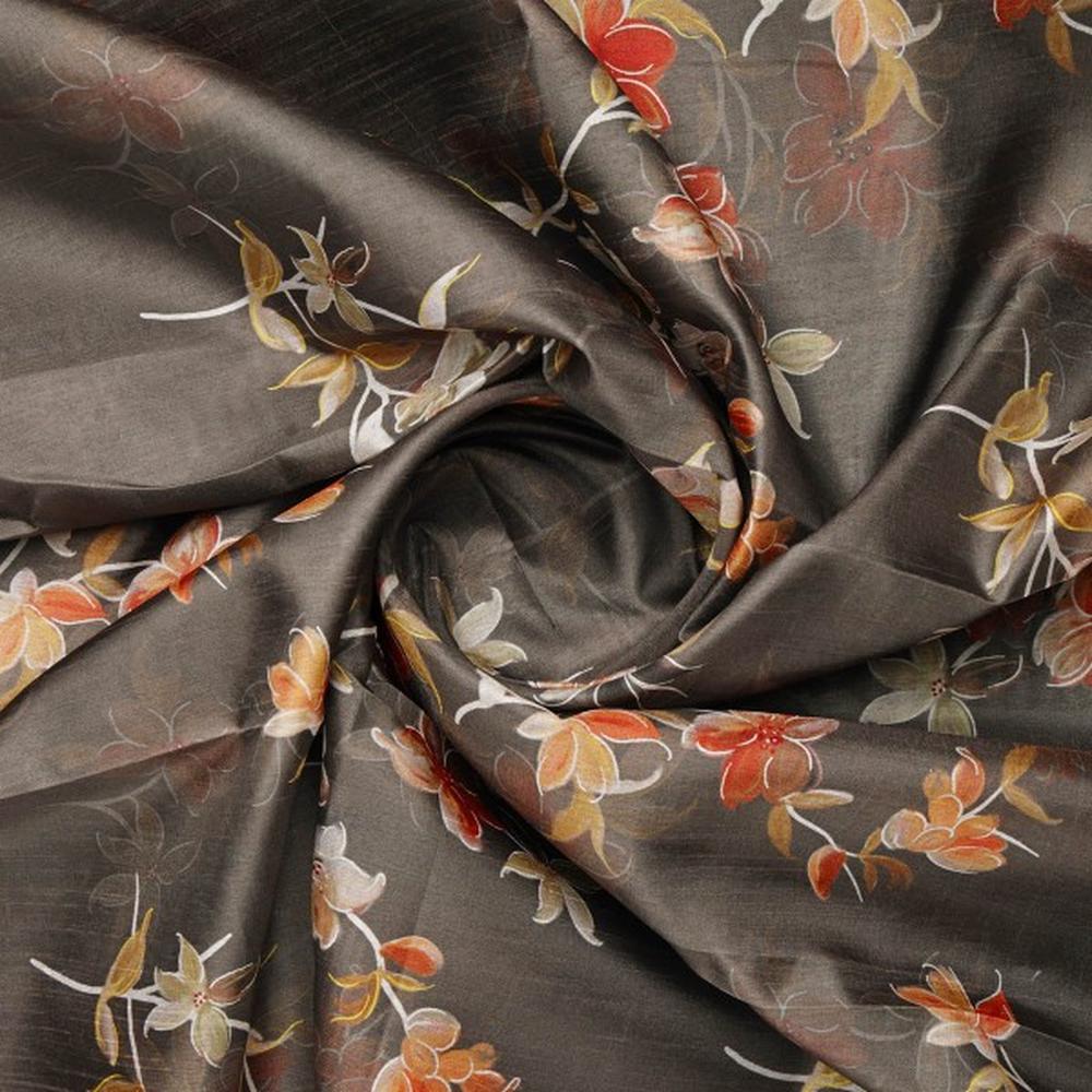 FAB VOGUE Studio Coffee Brown Floral Printed Dola Silk Fabric - Image 2