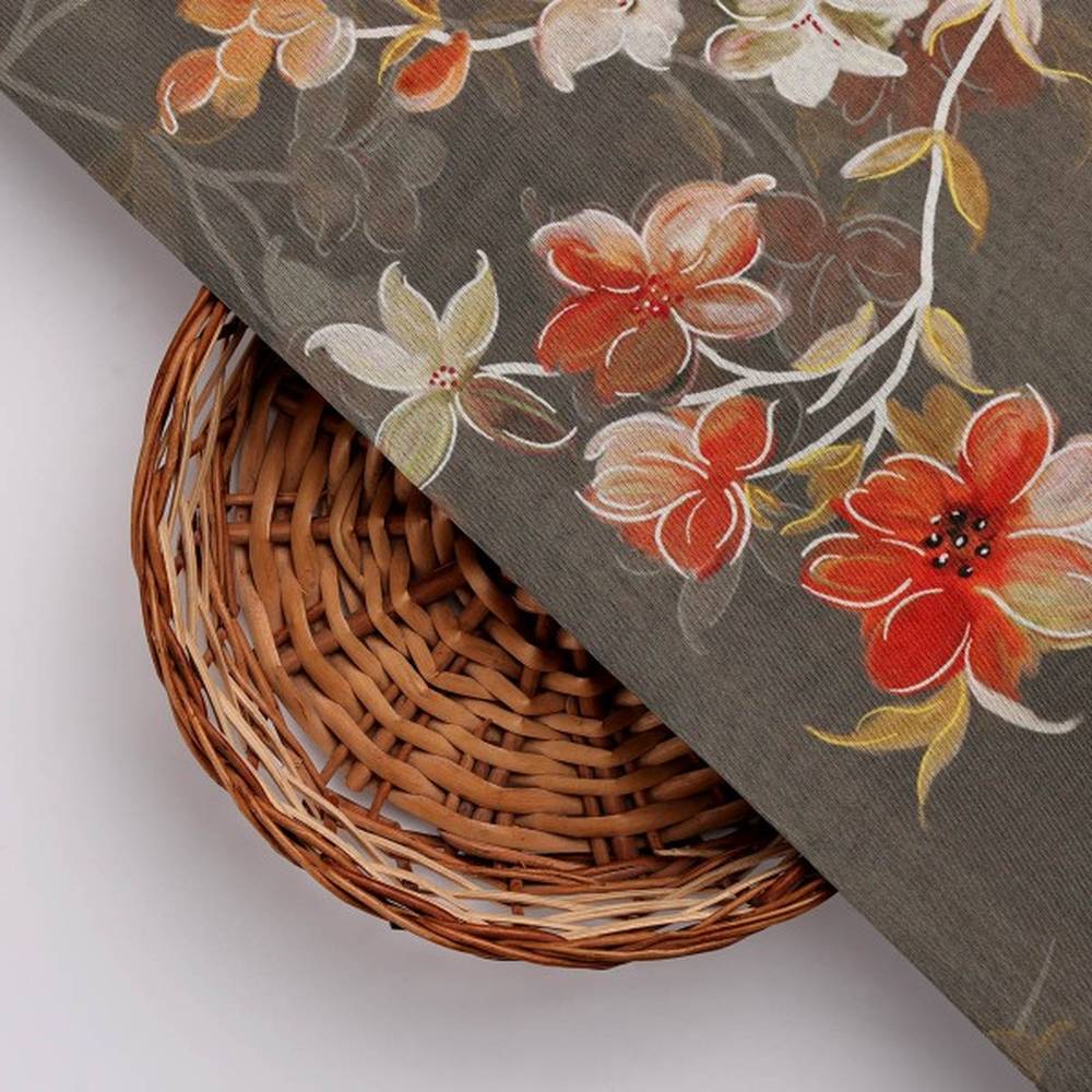 FAB VOGUE Studio Coffee Brown Floral Printed Dola Silk Fabric - Image 3