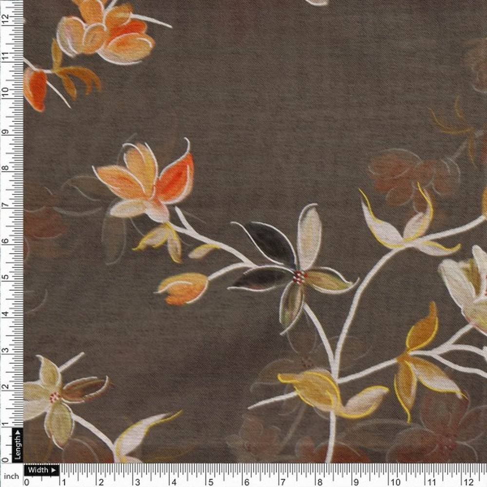 FAB VOGUE Studio Coffee Brown Floral Printed Dola Silk Fabric - Image 4