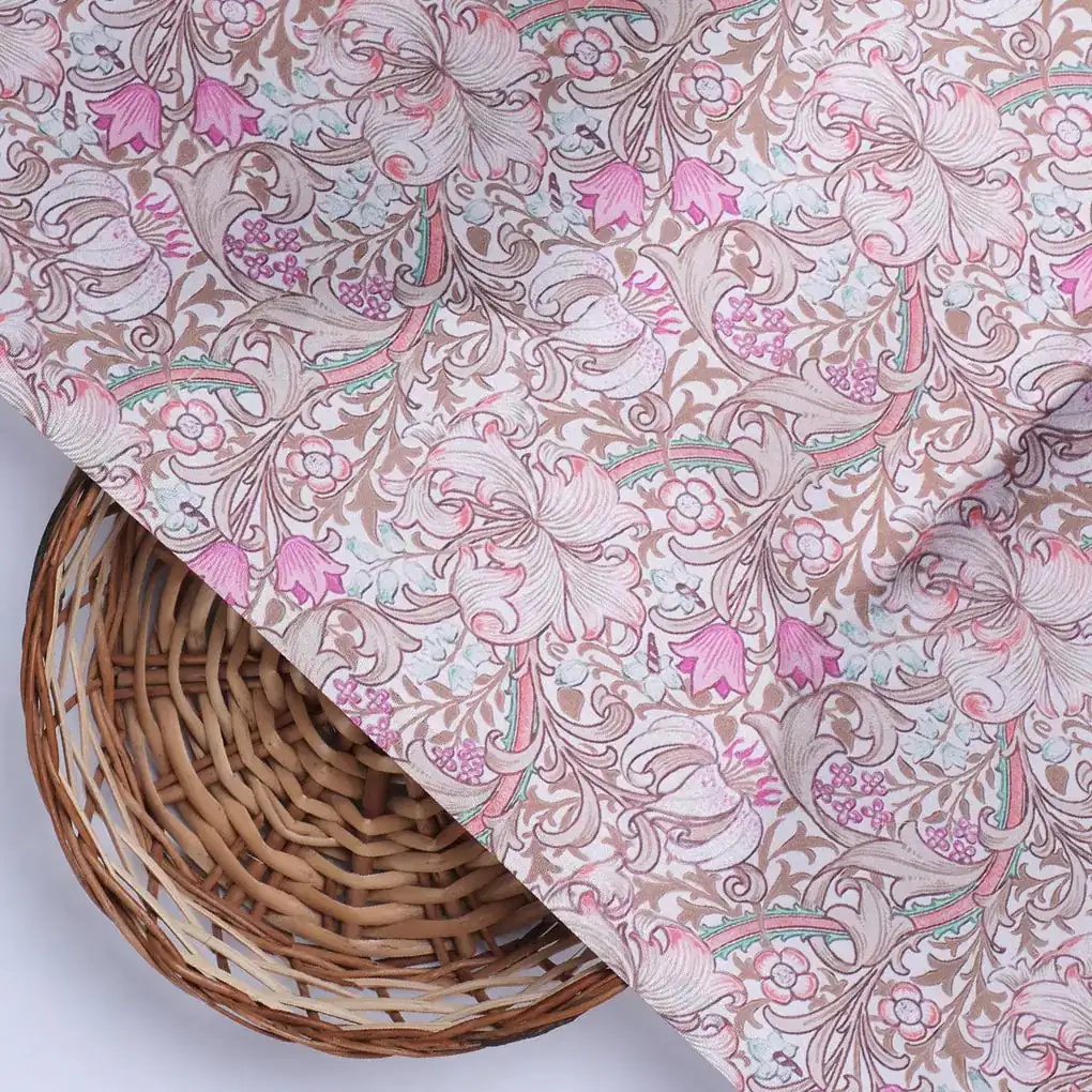 Festive Curve Design Pink Doted Flower Digital Printed Fabric - Japan Satin - Image 2