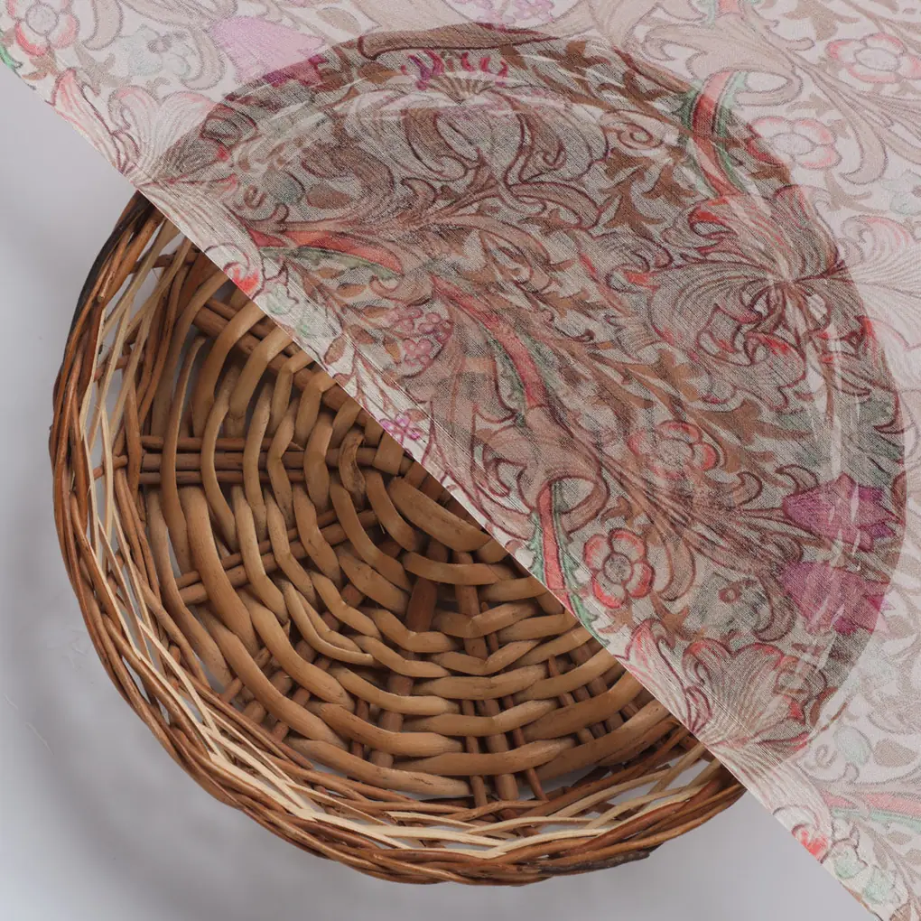 Festive Curve Design Pink Doted Flower Digital Printed Fabric - Pure Chiffon - Image 3