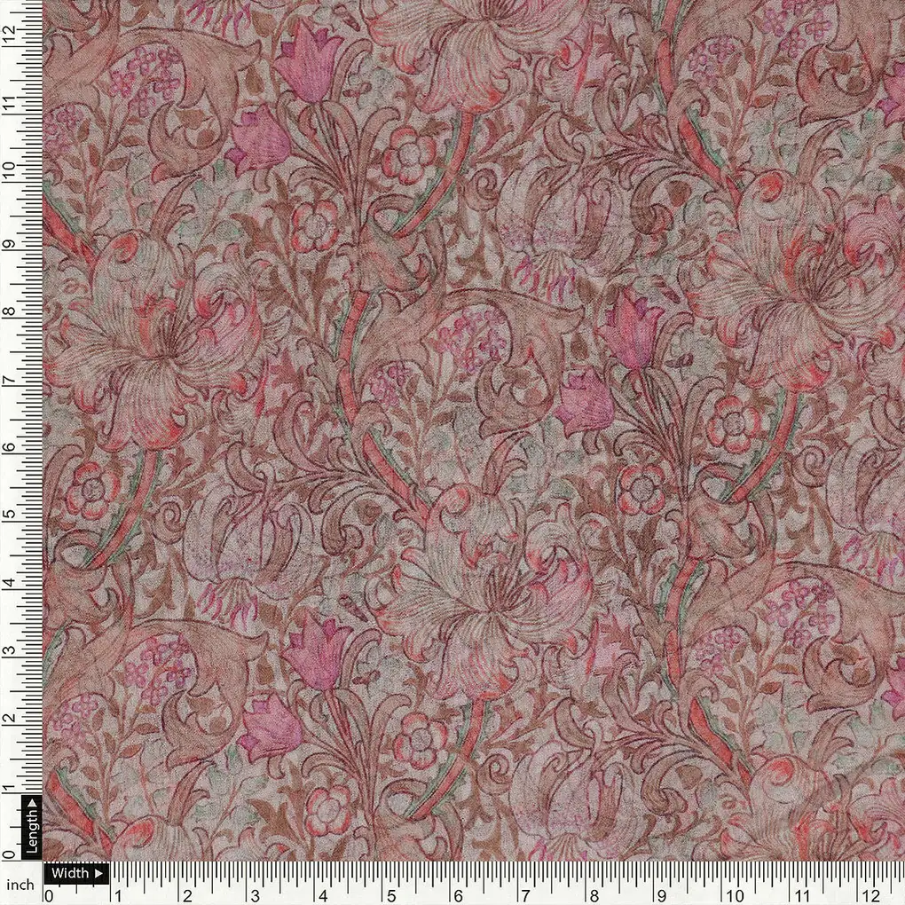 Festive Curve Design Pink Doted Flower Digital Printed Fabric - Pure Chiffon - Image 4