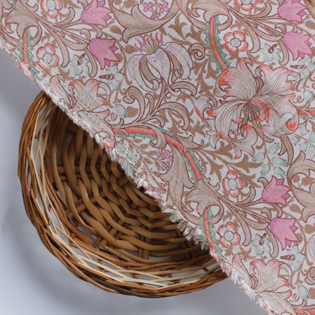 Festive Curve Design Pink Doted Flower Digital Printed Fabric - Pure Muslin - Image 3