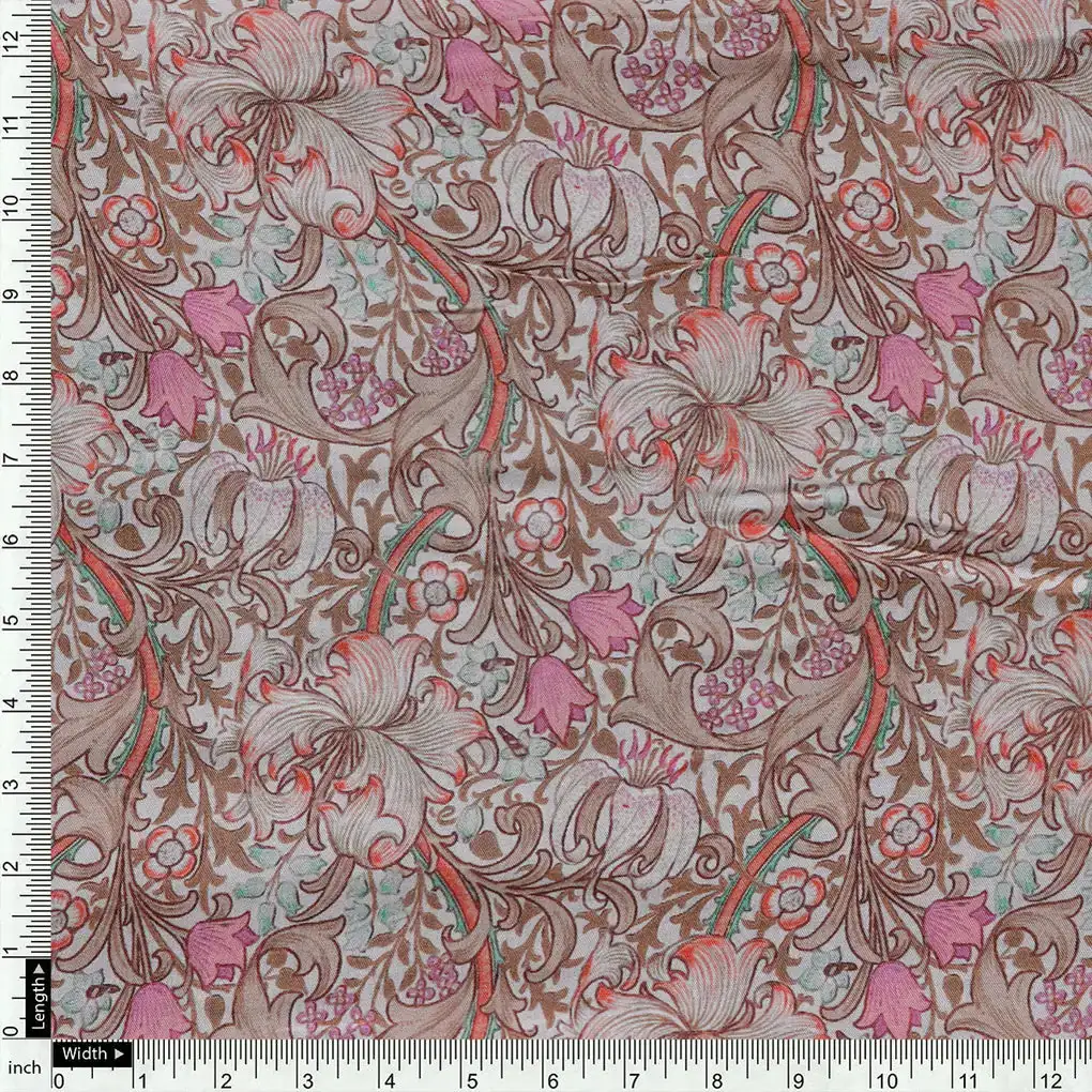 Festive Curve Design Pink Doted Flower Digital Printed Fabric - Pure Muslin - Image 4