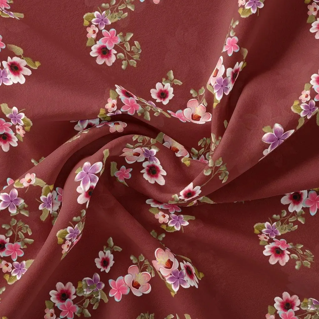 Floating Flowers With Marron Red Digital Printed Fabric - Japan Satin - Image 3