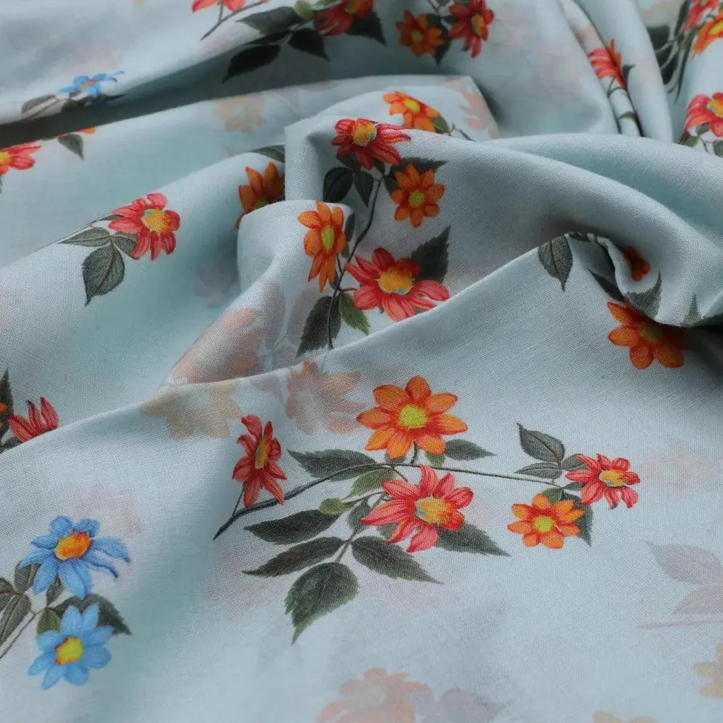Floating Yellow Sunflower With Green Leaves Digital Printed Fabric - Pure Cotton - Image 3