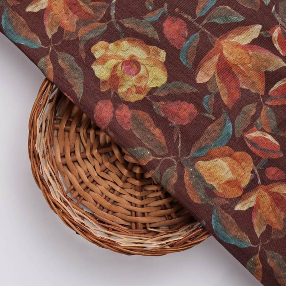 Floral Coffee Brown Dola Silk Fabric - Polyester Print - Image 3