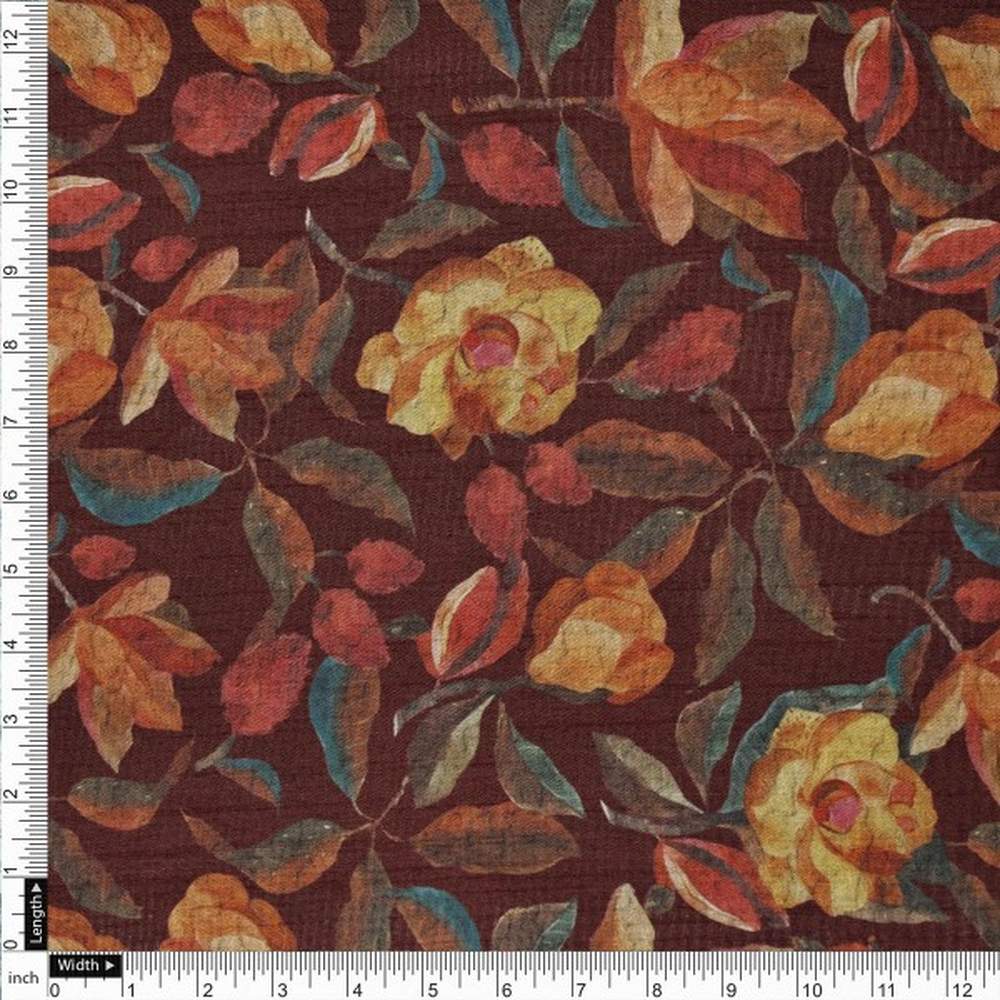 Floral Coffee Brown Dola Silk Fabric - Polyester Print - Image 4