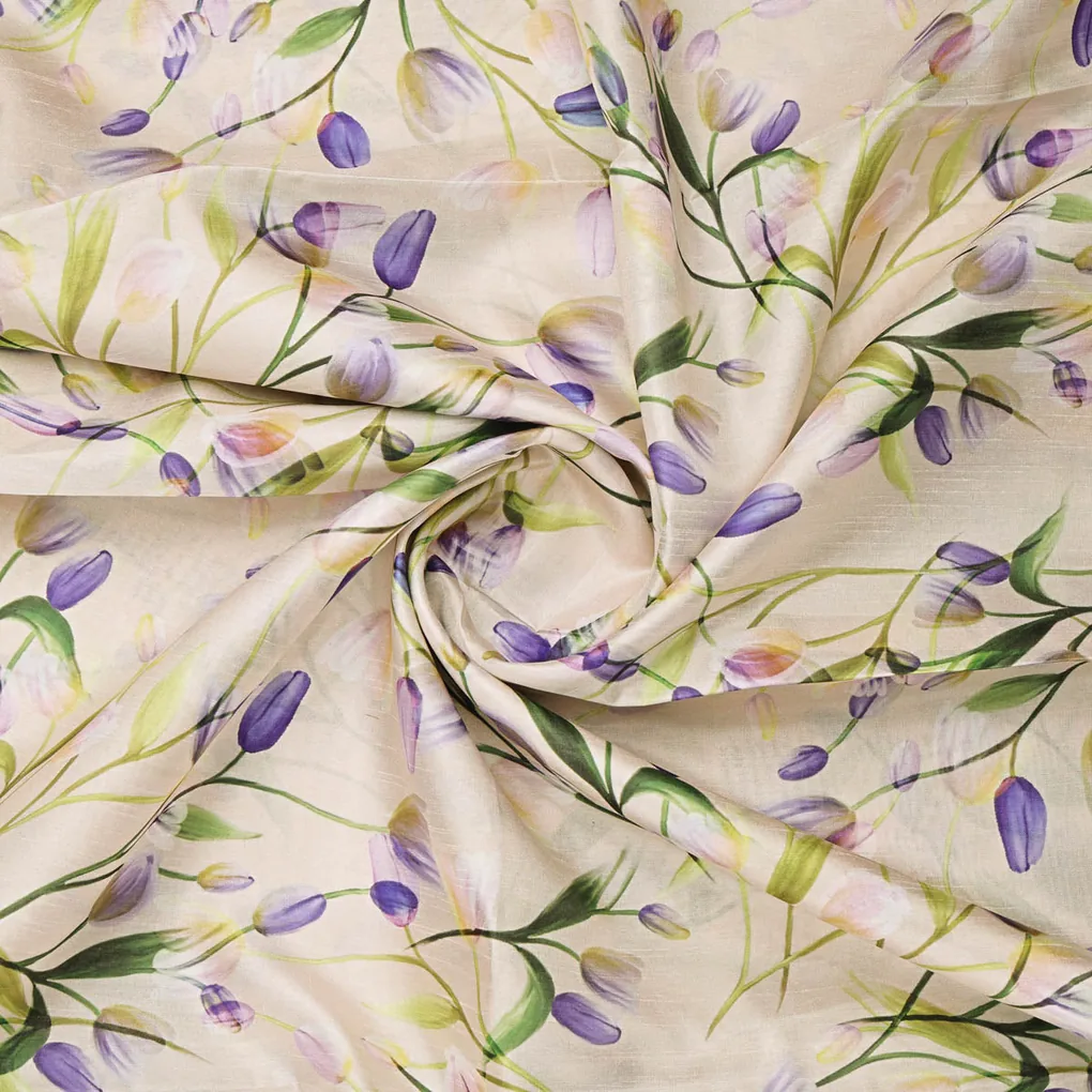 Floral Lavender Purple Printed Dola Silk Fabric by FAB VOGUE - Image 2