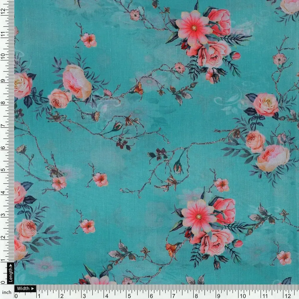 Flower Branch Allover Digital Printed Fabric - Kora Silk - Image 4