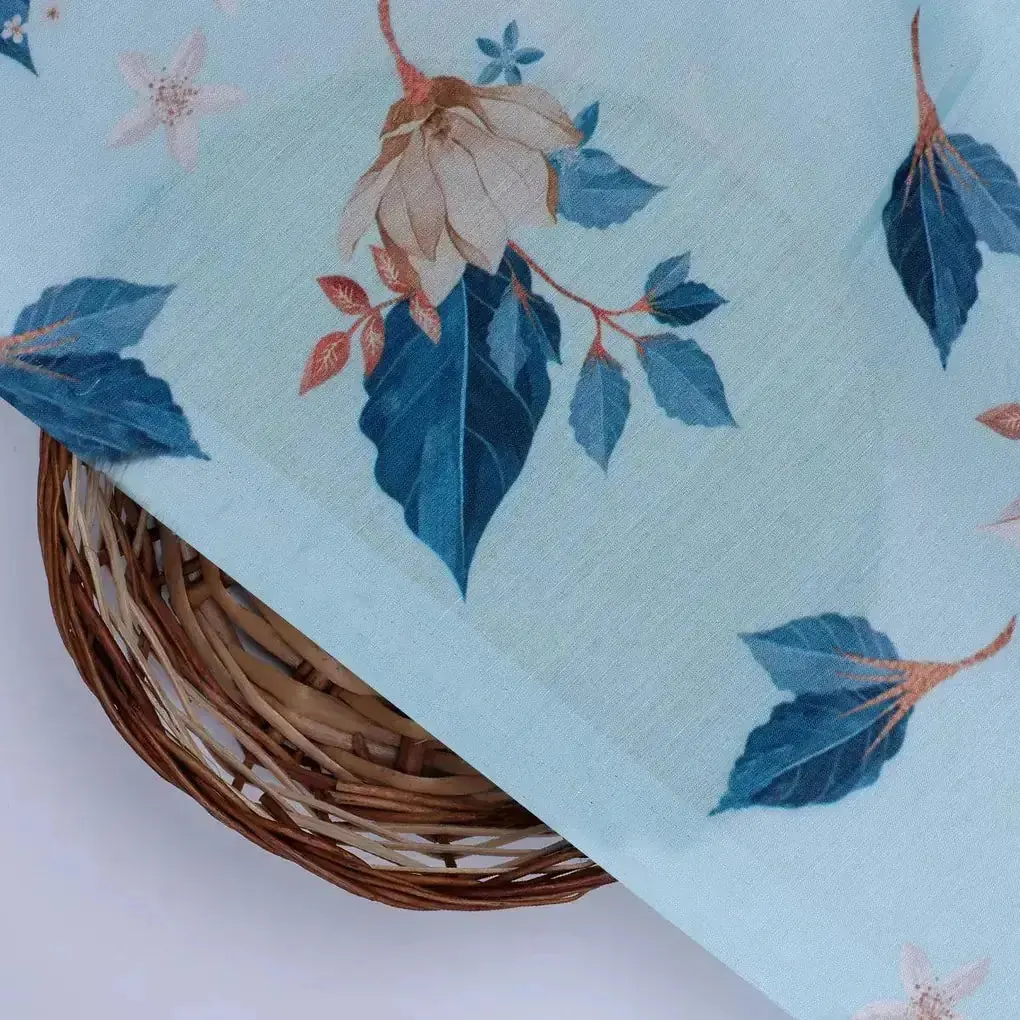 Flower On Ocean Blue Digital Printed Fabric - Muslin - Image 2