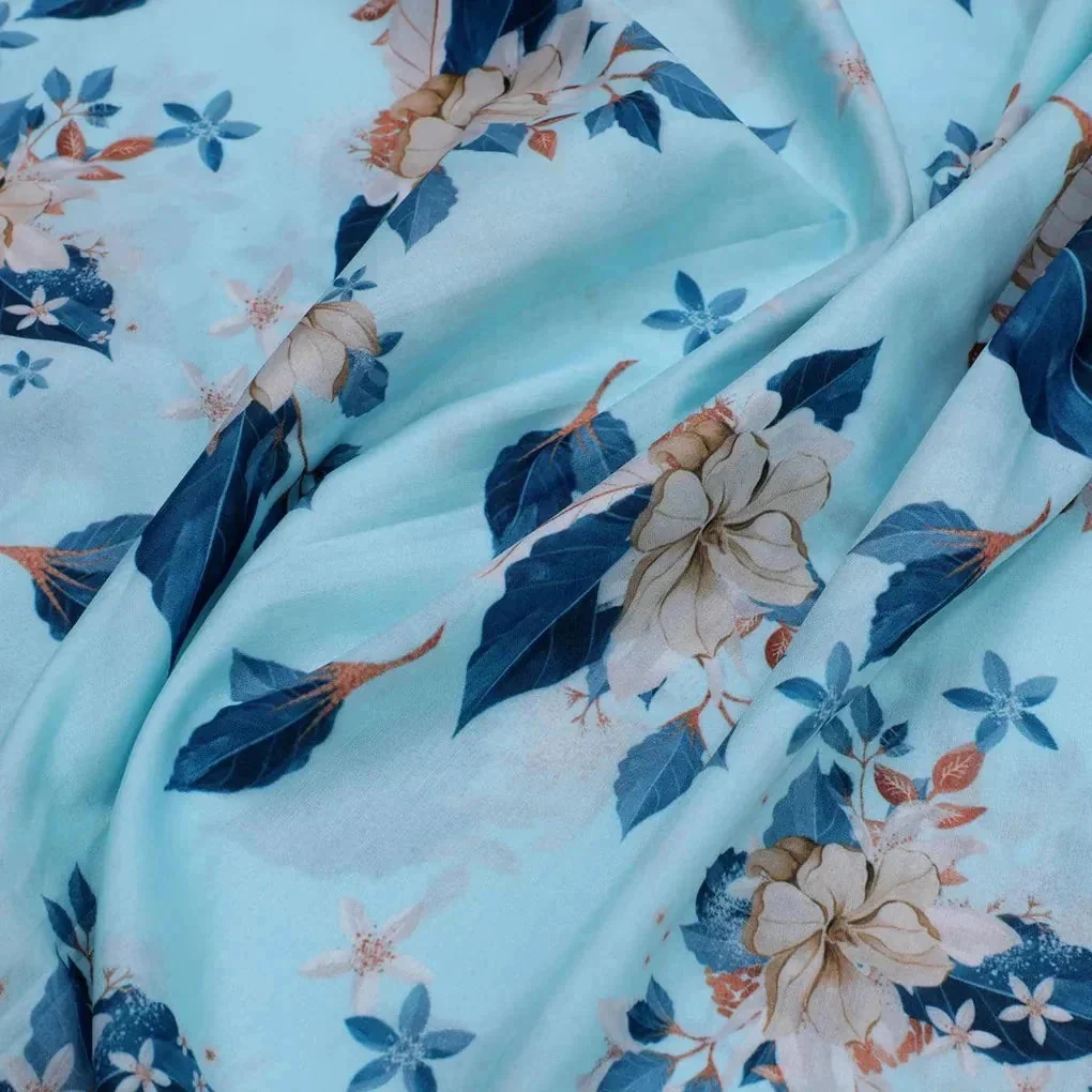 Flower On Ocean Blue Digital Printed Fabric - Muslin - Image 3
