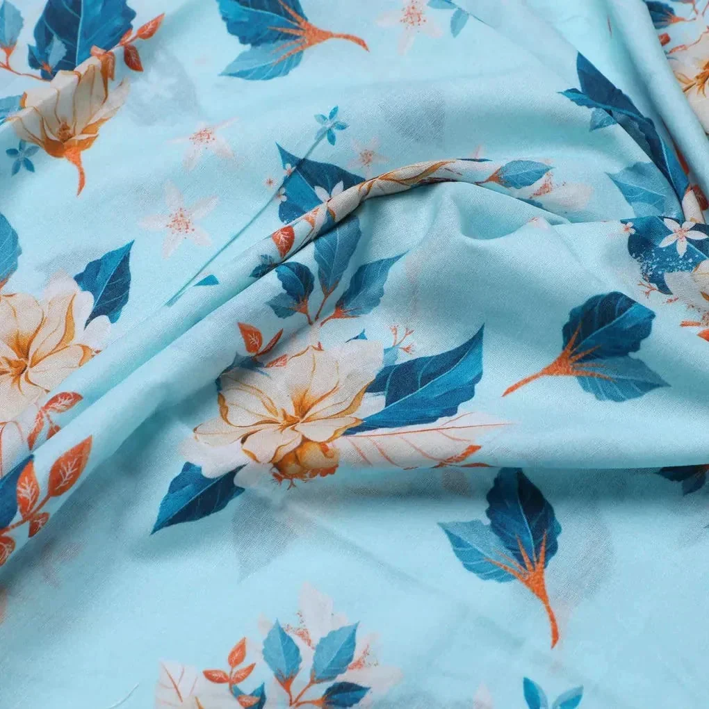 Flower On Ocean Blue Digital Printed Fabric - Pure Cotton - Image 3