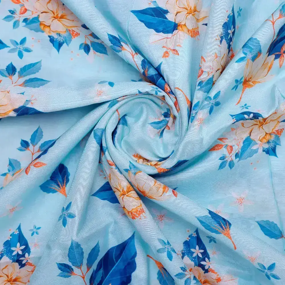 Flower On Ocean Blue Digital Printed Fabric - Pure Muslin - Image 2