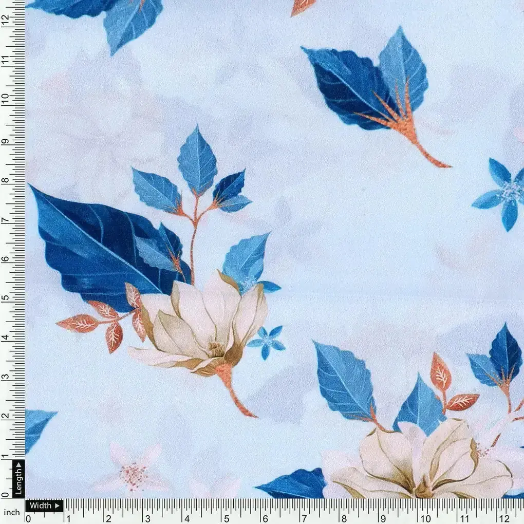 Flower On Ocean Blue Digital Printed Fabric - Crepe - Image 4