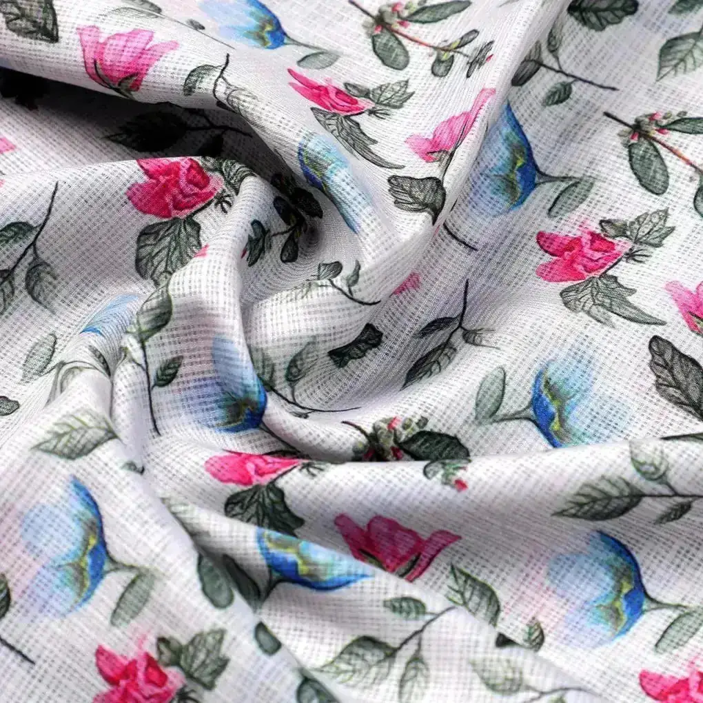 Flower With Olive Leaf Digital Printed Fabric - Kota Doria - Image 3