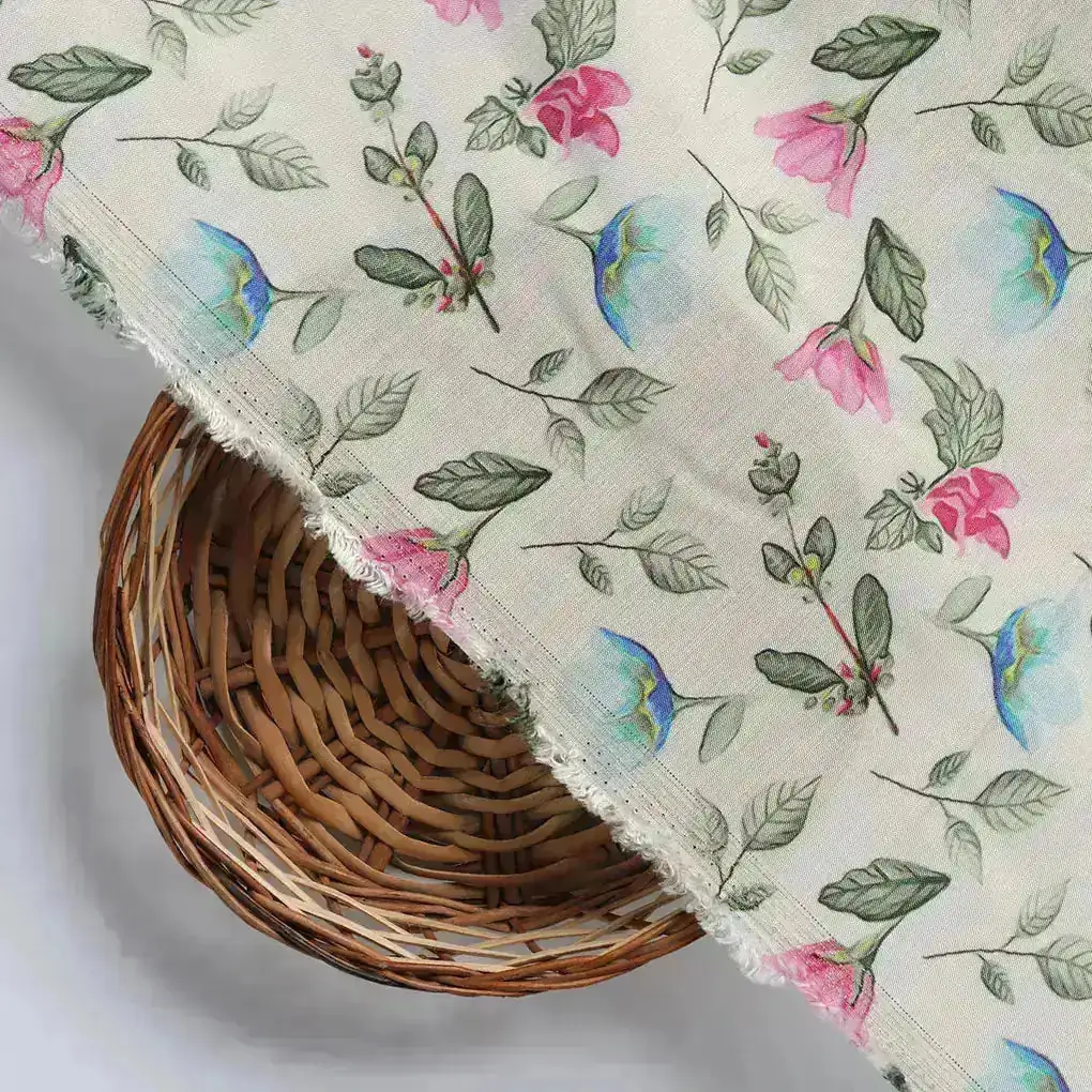 Flower With Olive Leaf Digital Printed Fabric - Pure Muslin - Image 3