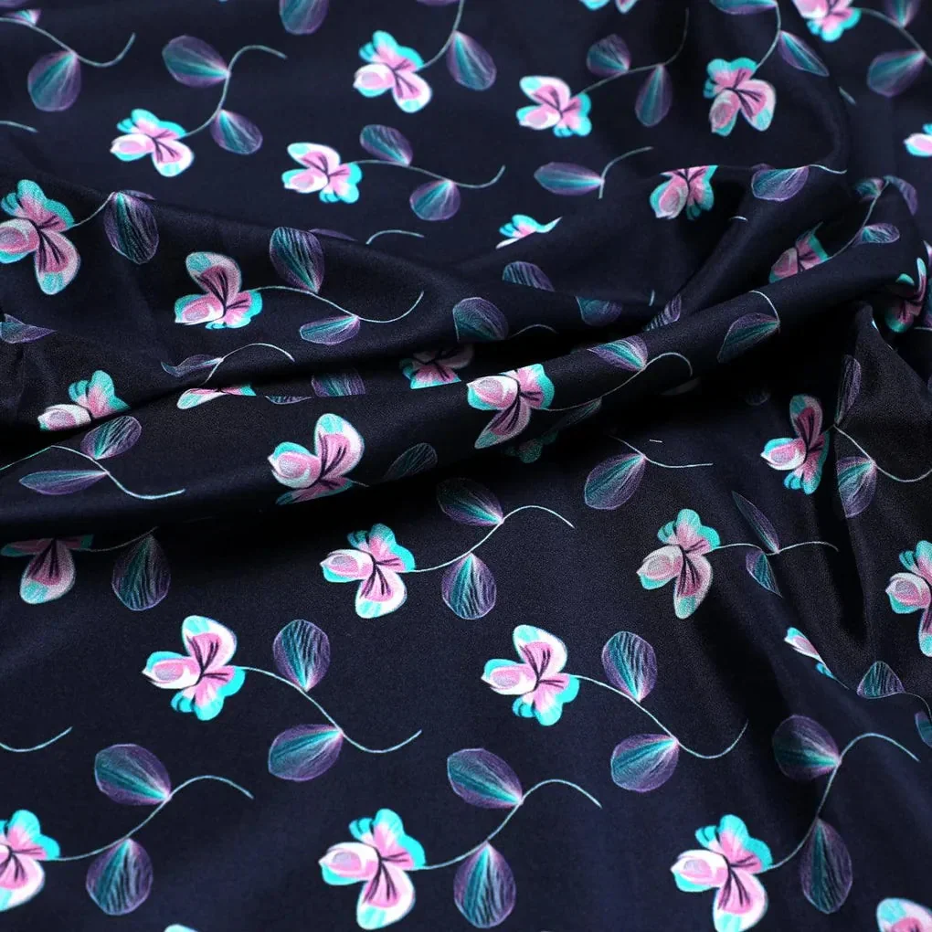 Flowers Floating over Blue Base Digital Printed Fabric - Image 3