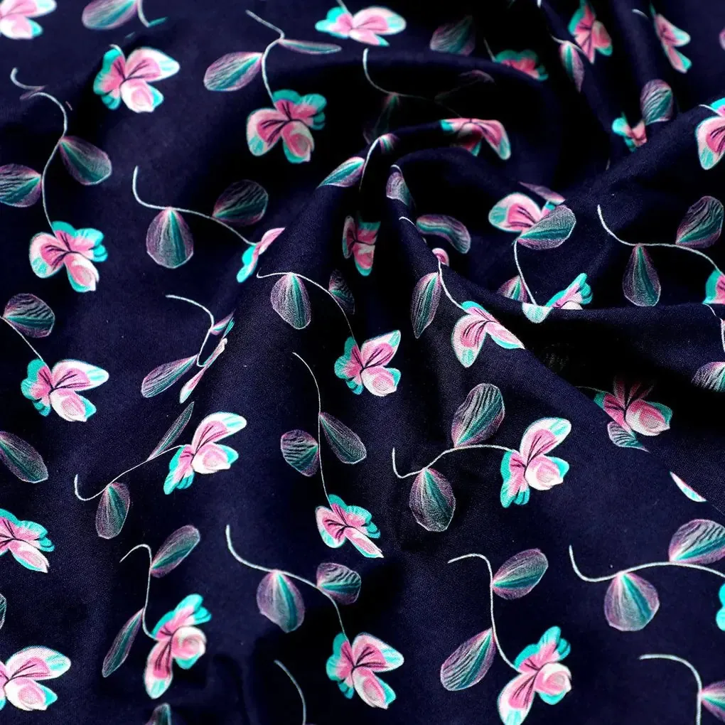 Flowers Floating over Blue Base Digital Printed Fabric - Image 3
