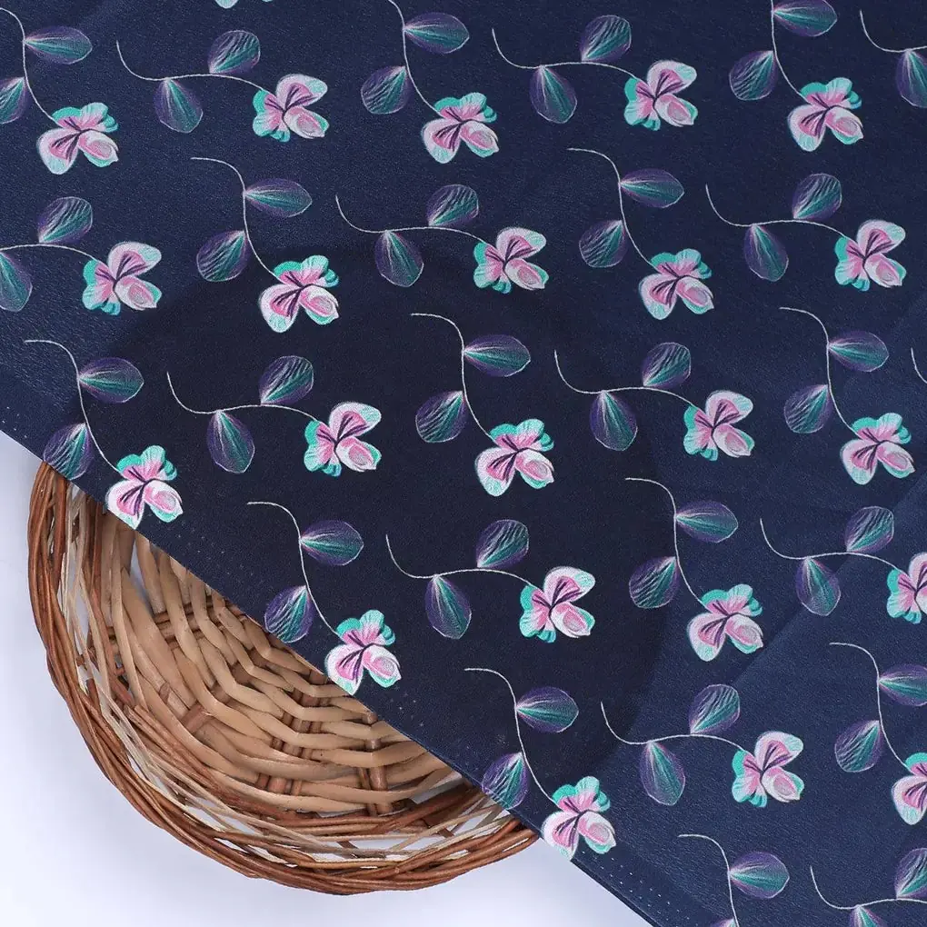 Flowers Floating over Blue Base Digital Printed Fabric - Image 2