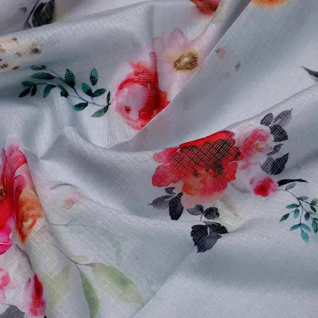 Flowers Layin Over Grey Digital Printed Kota Doria Fabric - Image 3