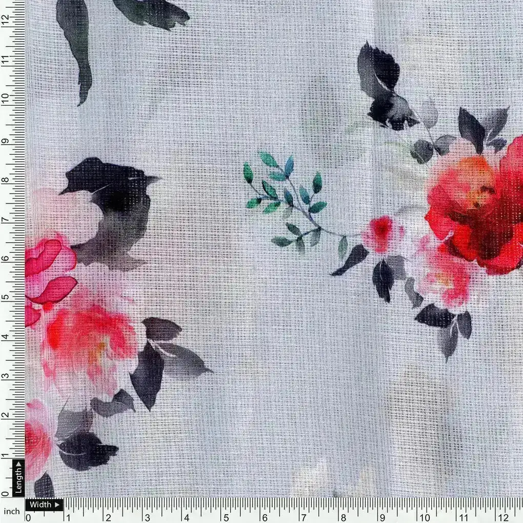 Flowers Layin Over Grey Digital Printed Kota Doria Fabric - Image 4