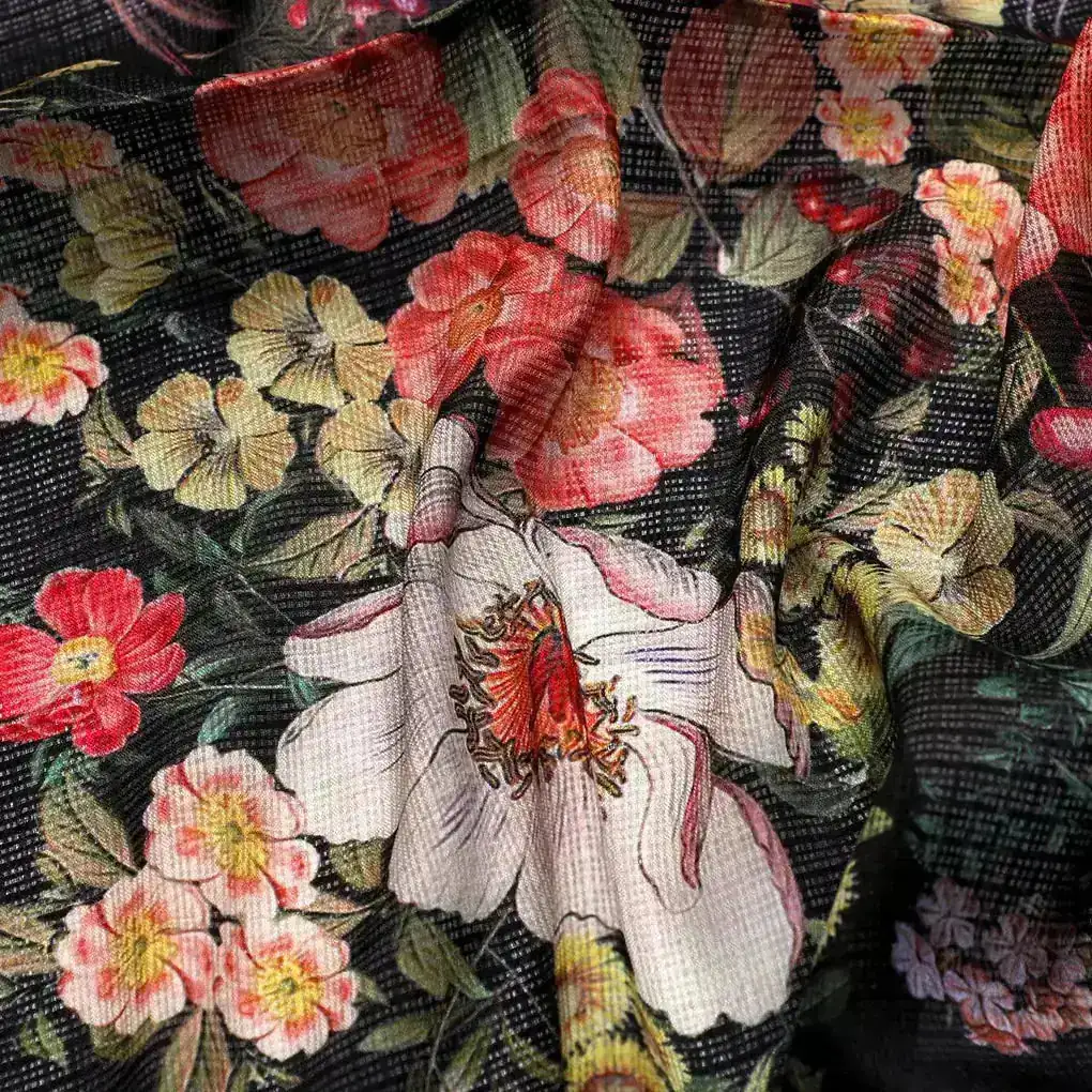 Flowers Laying on Black Base Digital Printed Kota Doria Fabric - Image 3