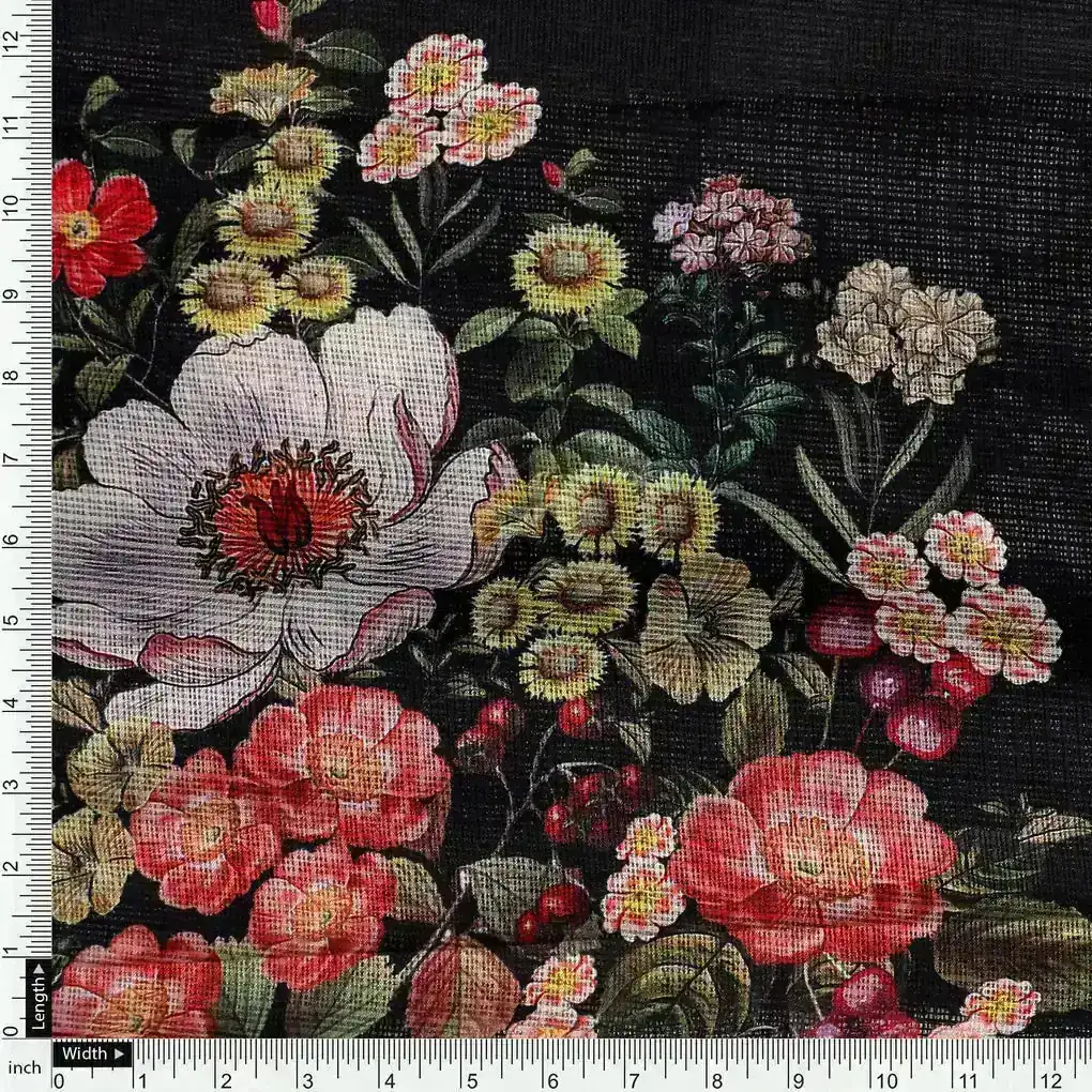 Flowers Laying on Black Base Digital Printed Kota Doria Fabric - Image 4