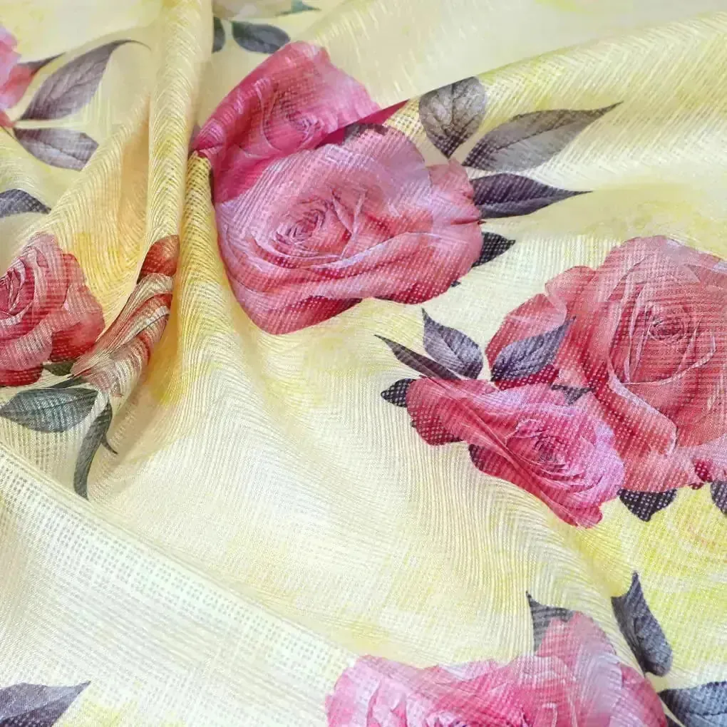 Flowers Laying Over Yellow Base Digital Printed Kota Doria Fabric - Image 3