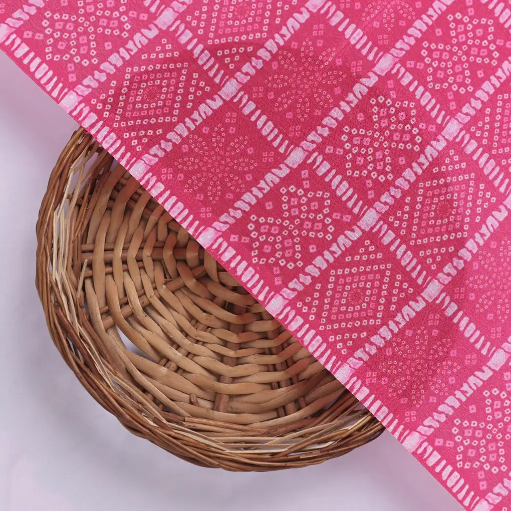 Fuchsia Pink Bandhej Checkered Pattern Chinon Fabric - Image 2