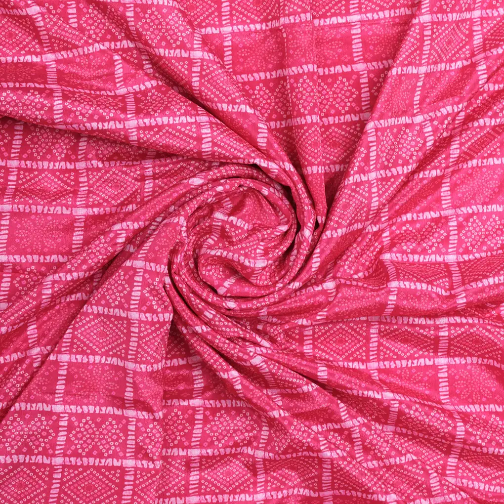 Fuchsia Pink Bandhej Checkered Pattern Chinon Fabric - Image 3