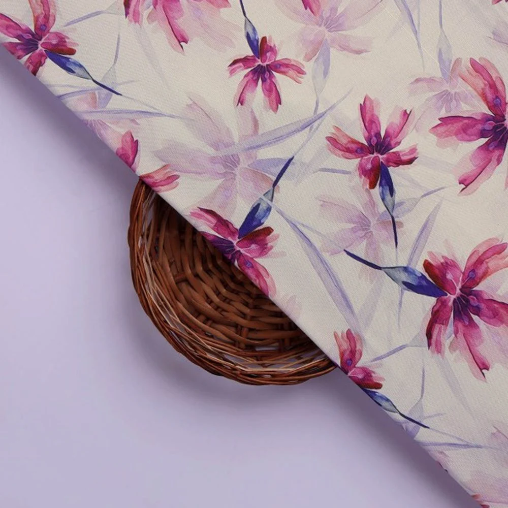 Fuchsia & Violet Watercolour Floral Printed Rayon Fabric - Image 2