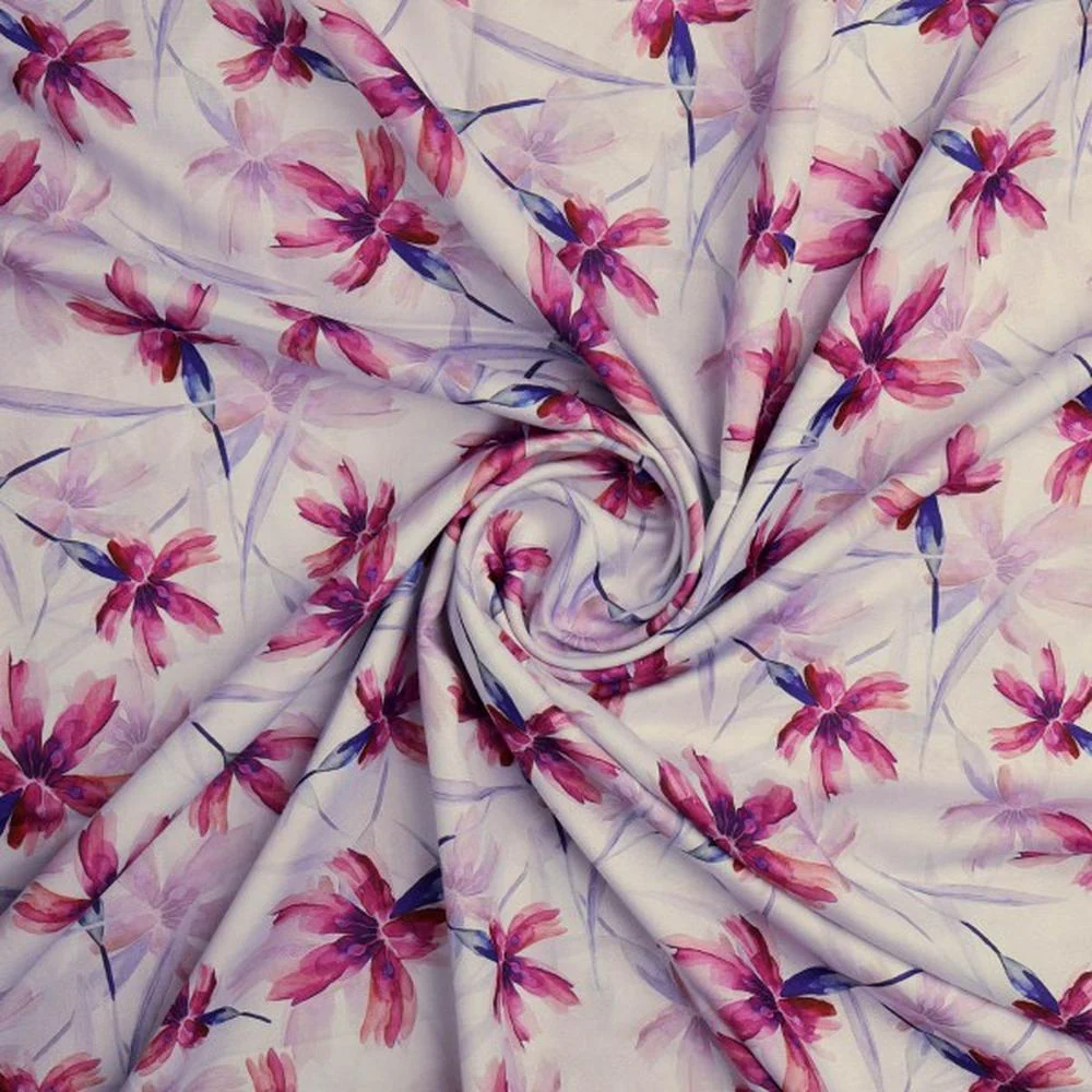 Fuchsia & Violet Watercolour Floral Printed Rayon Fabric - Image 3