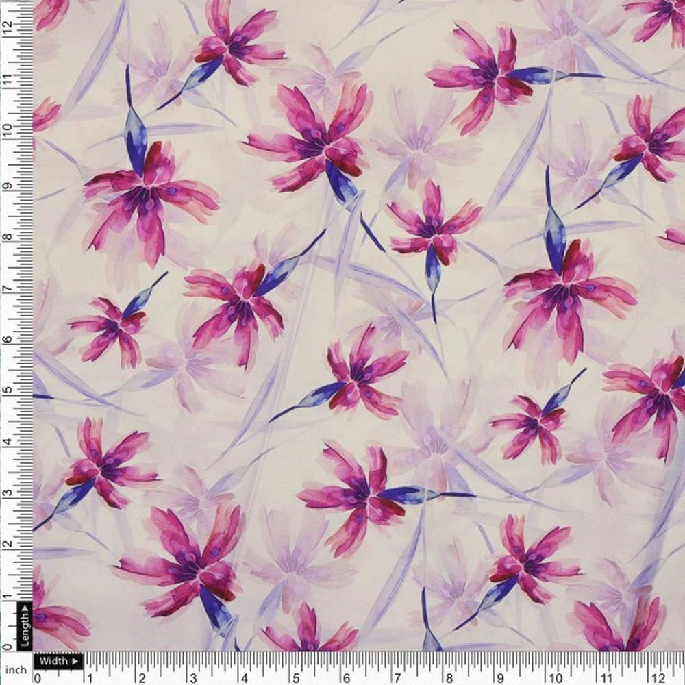 Fuchsia & Violet Watercolour Floral Printed Rayon Fabric - Image 4