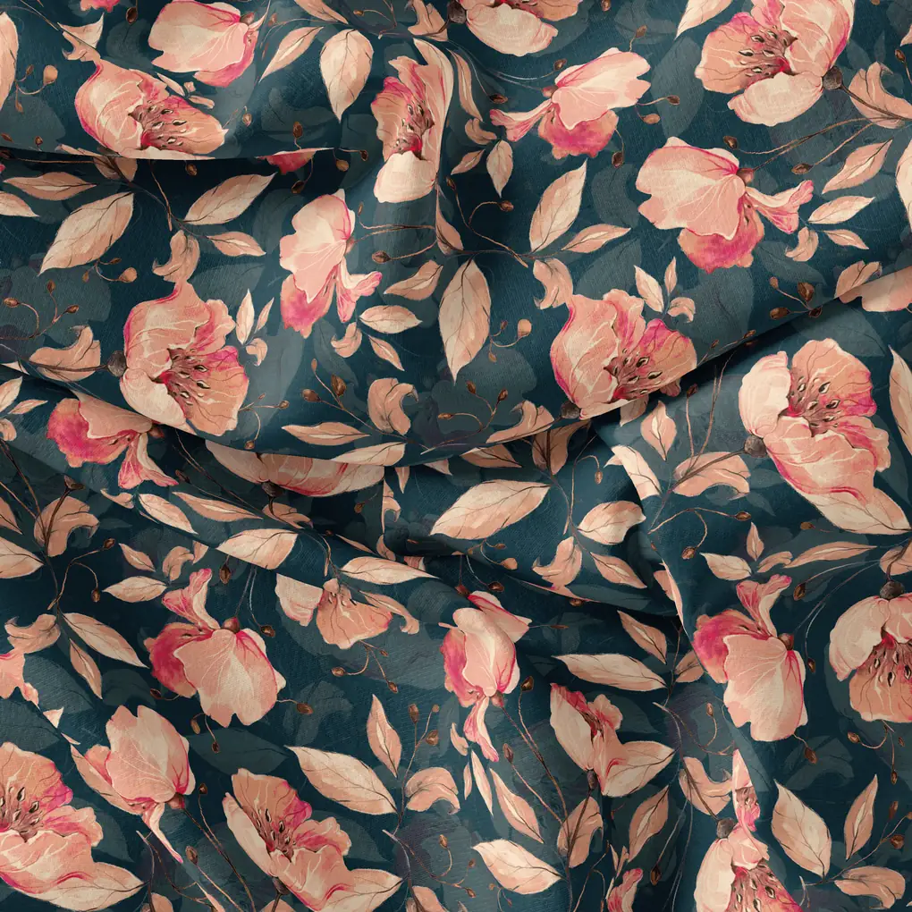 Garden Snowdrop Flower With Cherry Blossom Digital Printed Fabric - Japan Satin - Image 4