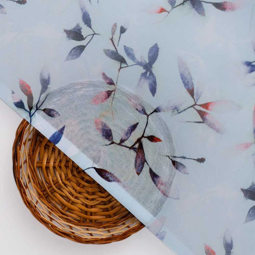 Georgette Digital Printed Fabric with Leaves Design in Blue - Image 3