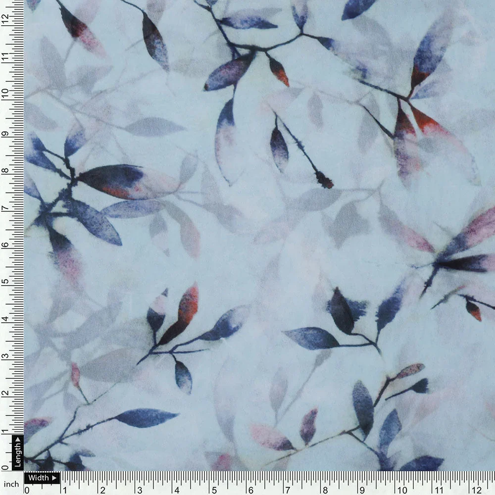 Georgette Digital Printed Fabric with Leaves Design in Blue - Image 4