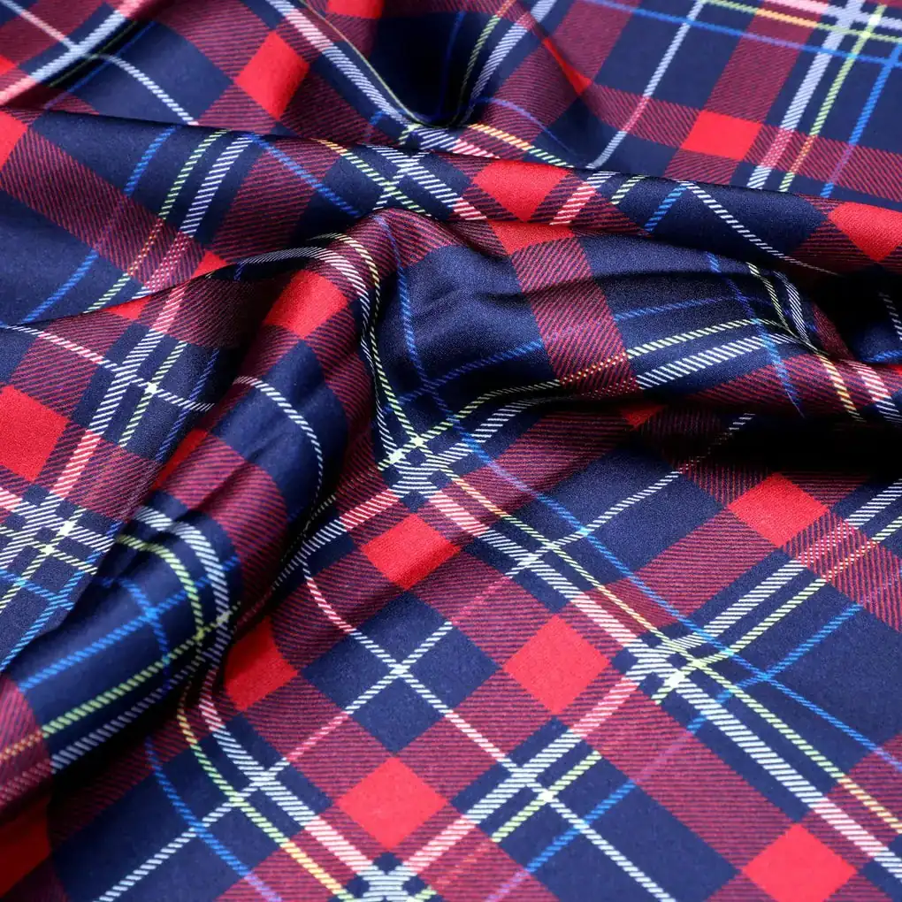 Gingham Pattern With Red And Blue Colour Digital Printed Fabric - Japan Satin - Image 3