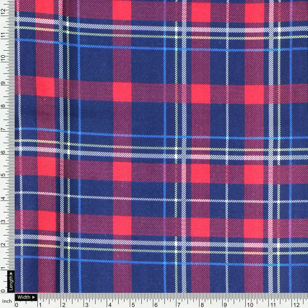 Gingham Pattern With Red And Blue Colour Digital Printed Fabric - Japan Satin - Image 4