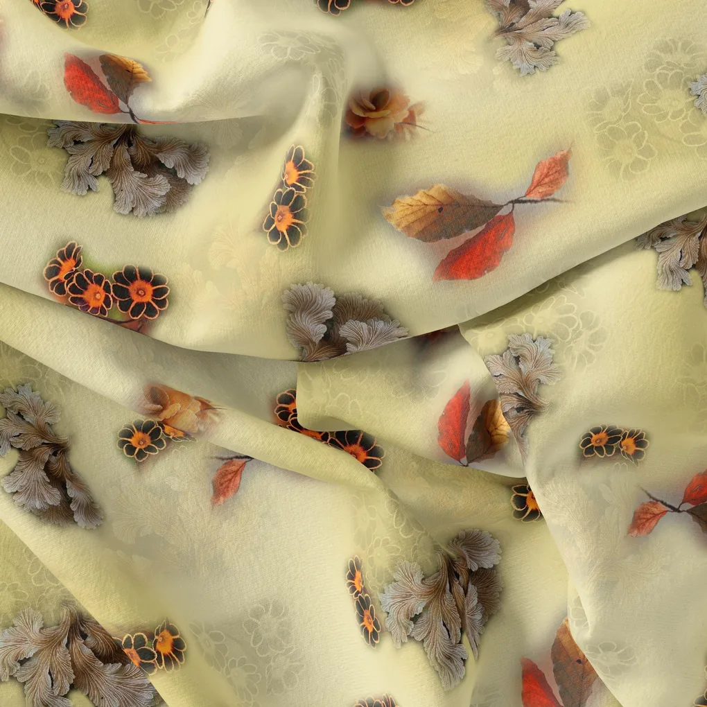 Golden Leaves With Black Sunflower Digital Printed Fabric - Image 4
