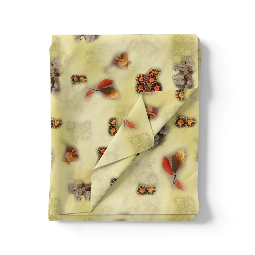 Golden Leaves With Black Sunflower Digital Printed Fabric - Japan Satin - Image 3