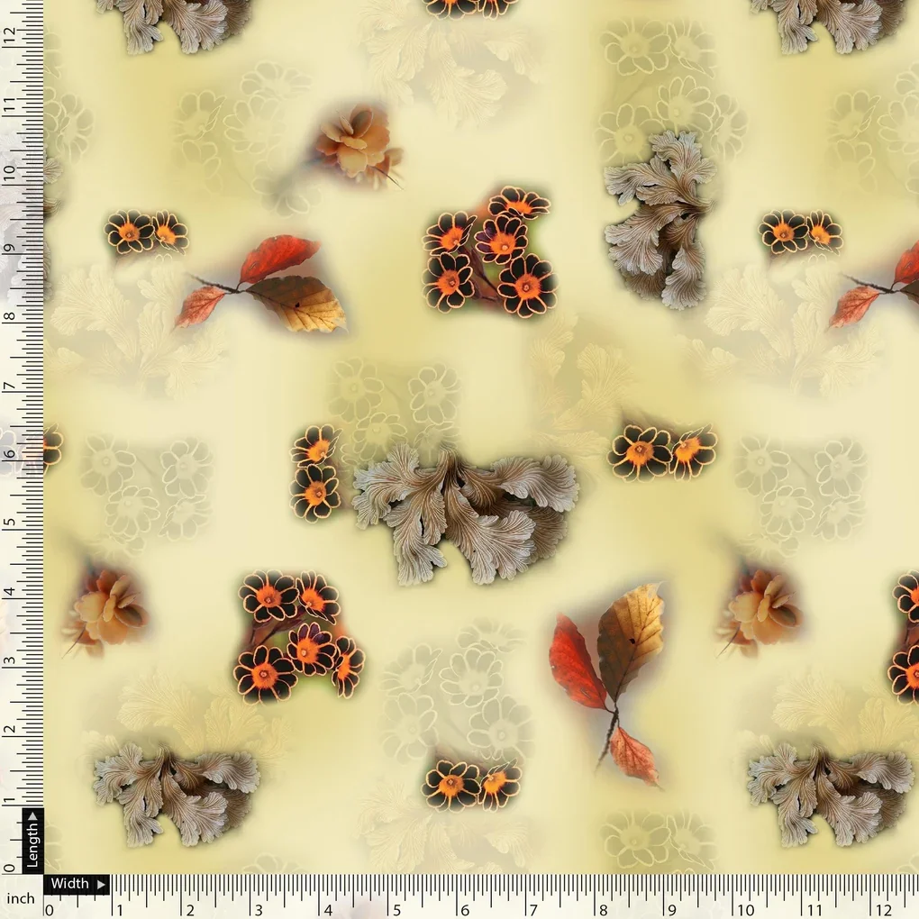 Golden Leaves With Black Sunflower Digital Printed Fabric - Japan Satin - Image 5
