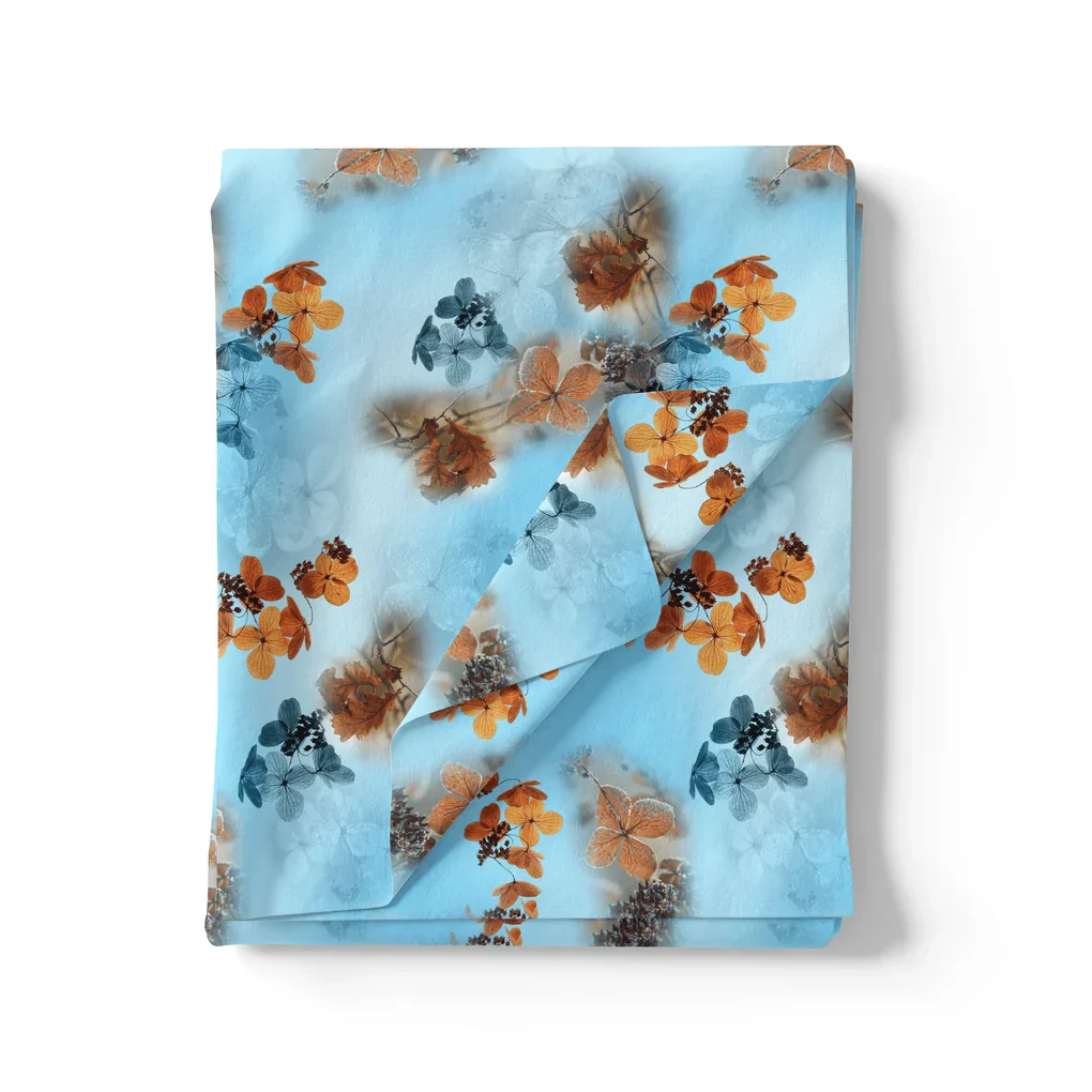 Golden Periwinkle With Blue Floral Digital Printed Fabric - Japan Satin - Image 3